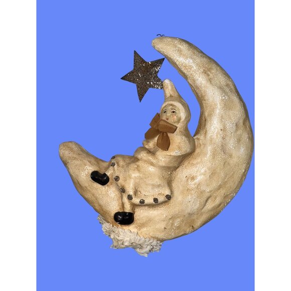 Nicol Sayre Vintage Paper Machet Handcrafted Moon & Star Ornament With Sitting F - Picture 8 of 16